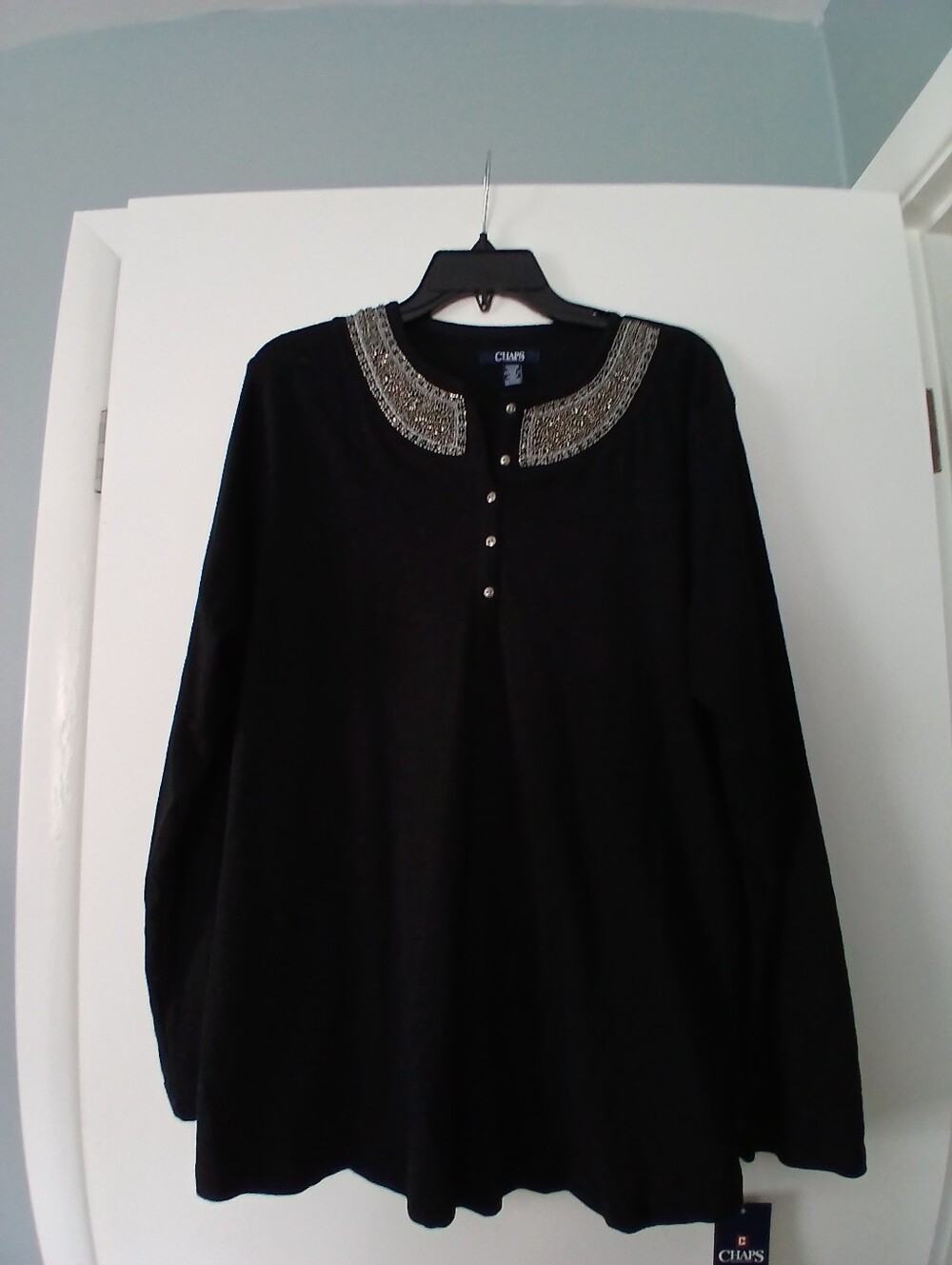 Chaps Black Long-Sleeve Henley with Metallic-Embellished Collar Size 1x.
